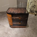 Trunk-Inspired Quilted Leather & Burl Wood sideTable with Rose Gold Hardware